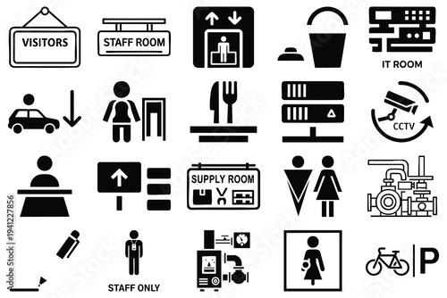 Set of 20 black and white vector icons for public and private building navigation, including signs for visitors, staff, IT room, supply room, parking, and security