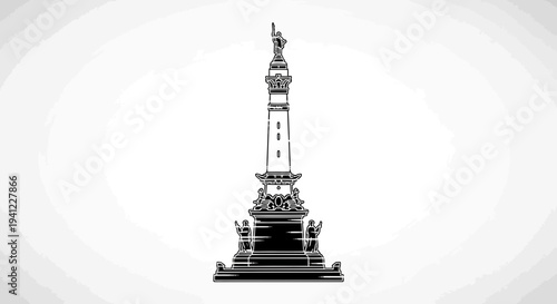 Columbus Monument Silhouette, Monumental Column, Statue of Liberty, Historical Landmark, Black and White