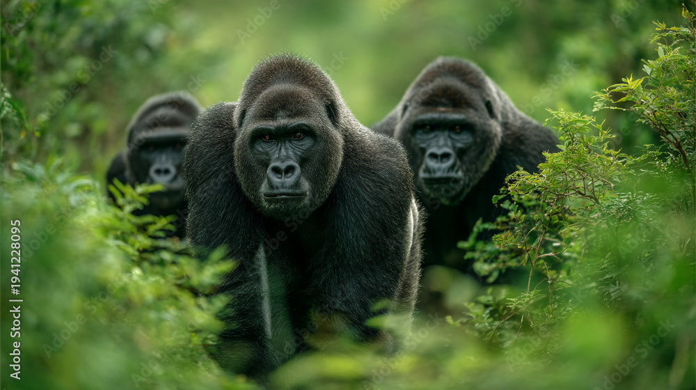 Fototapeta premium Three gorillas standing together amidst lush green foliage in a forest