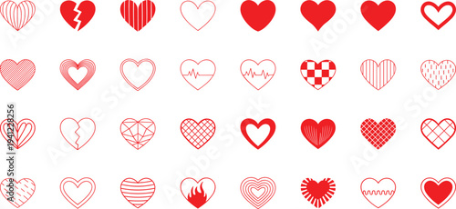 Heart Icons Set with Hand Drawn Love Symbols, Broken Heart, Romantic Shapes, Valentine Elements, Decorative Heart Patterns for Wedding, Relationship, Greeting Card and Love Theme Vector Illustration