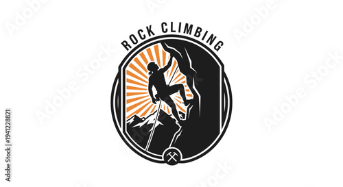 Vintage Rock Climbing Emblem with Mountain Climber Silhouette, Adventure Sport Logo Design, Outdoor Activity Badge, Extreme Sport Icon