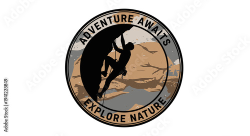 Vintage style rock climbing adventure emblem with hiker silhouette, 'Adventure Awaits Explore Nature' text, and mountain landscape.