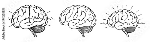 Brain set with continuous line drawing of a minimalist brain with electrical pulses, cognitive enhancement theme featuring thin line, white background and illustration vector