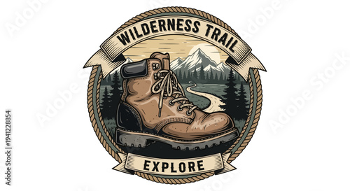 Vintage wilderness trail badge with hiking boot, mountains, river, and forest for outdoor adventure exploration
