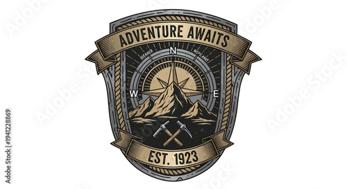 Retro Adventure Awaits Shield Emblem with Mountains, Compass Rose, and Crossed Pickaxes for Outdoor Exploration and Travel