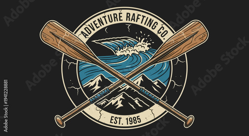 Retro Rafting Adventure Emblem with Crossed Paddles, Majestic Mountains, and Crashing Wave Design for Outdoor Sports