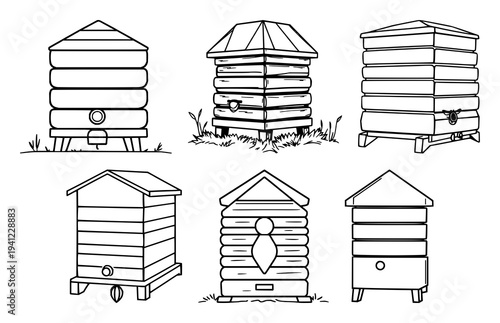 Smart beehive icon set with geometric lines and minimal shapes featuring high-tech, sustainable apiculture, modern design with iconography and white background