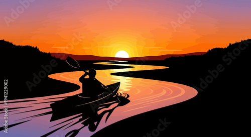 Solo kayaker silhouette paddling on a winding river at sunset, vibrant orange sky and reflective water, outdoor adventure.