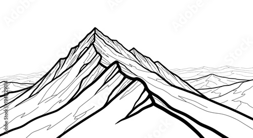 Majestic mountain peak line art illustration. Stylized vector drawing of a rugged summit and rocky ridges. Outdoors nature graphic.