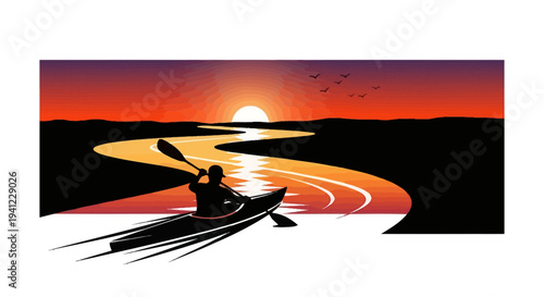 Serene sunset kayaking adventure on a winding river, silhouette paddler enjoying nature and outdoor sport activity.