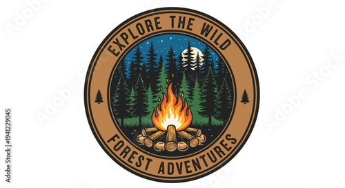 Detailed vintage camping emblem with burning campfire, dense pine forest, starry night sky, and moon for wilderness exploration.