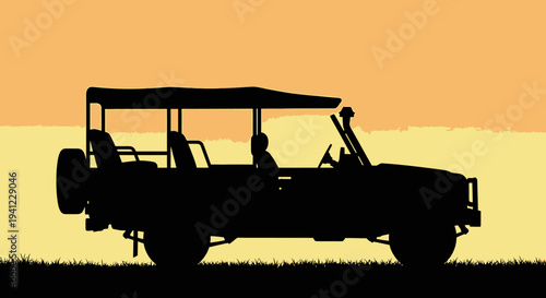Vector silhouette of an African safari jeep at sunset. Adventure travel off-road vehicle for wildlife exploration.