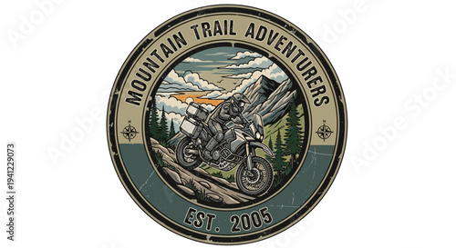 Vintage Adventure Motorcycling Emblem: Off-road Rider on Mountain Trail. Outdoor Exploration Badge Design.
