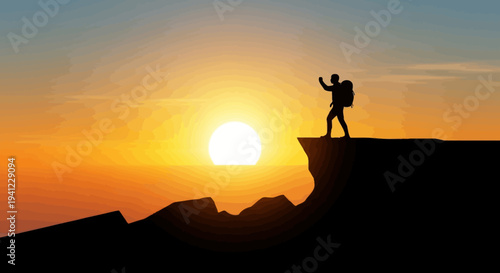 Triumphant adventurer silhouette with backpack celebrating success on a cliff edge during a beautiful sunset or sunrise over the horizon.