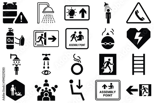 Set of 20 Black and White Safety and Emergency Icons Vector for Industrial, Public, and Workplace Signage, Evacuation Plans, and First Aid Information