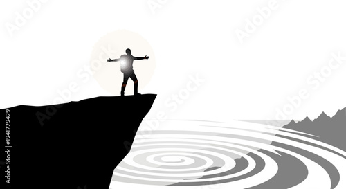 Silhouette of a person standing on a dangerous cliff edge above swirling water and mountains, symbolizing challenge, freedom, and overcoming obstacles.