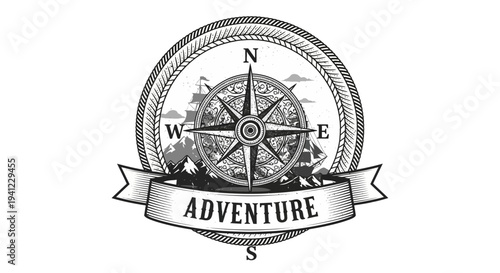 Vintage adventure emblem with classic compass rose, sailing ship, and mountainous landscape, perfect for exploration and travel concepts.