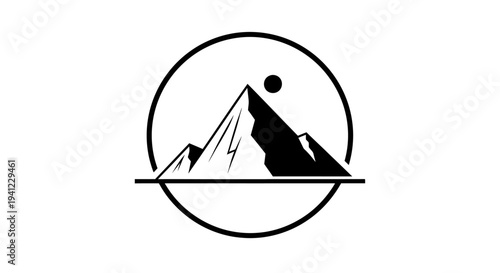 Minimalist Mountain Peak Logo Design in Circle with Sun. Simple Black and White Vector Graphic for Nature, Adventure, and Outdoors.