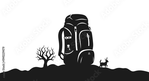 Minimalist black and white silhouette of a large hiking backpack on a wilderness landscape with a bare tree and deer. Outdoor travel adventure graphic.