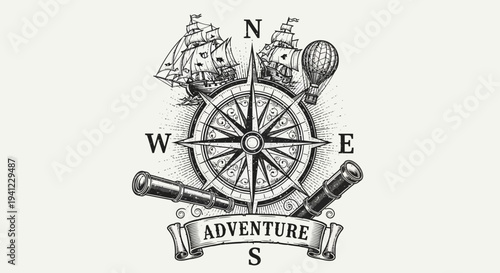 Vintage adventure exploration emblem with compass, sailing ships, hot air balloon, and telescopes, hand-drawn design