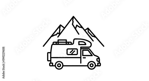 Mountain Landscape with Camper Van Icon - Outdoor Adventure Travel, Camping RV, Nature Trip Line Art Vector Symbol