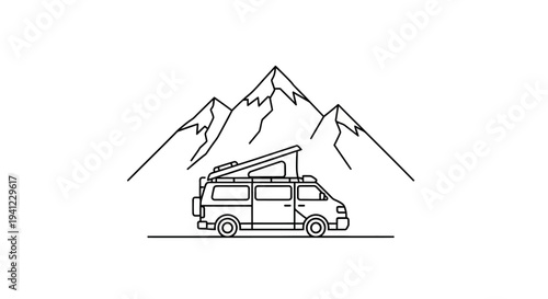Minimalist line art illustration of a camper van with a pop-top roof driving through a mountain landscape. Outdoor travel adventure concept.