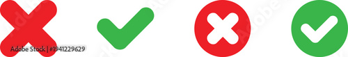 Green Check Mark and Red Cross Icon Set with Tick Symbol, Approval Sign, Rejected Mark, Checklist Indicator and Validation Badge Elements for User Interface, Feedback and Status Vector Illustration