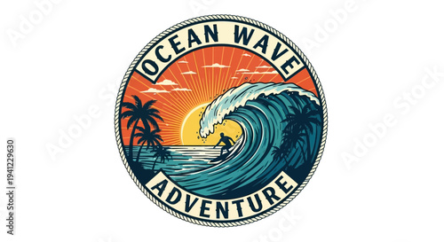 Vintage style illustration of a surfer riding a big ocean wave at sunset with palm trees on a tropical beach, adventure emblem.
