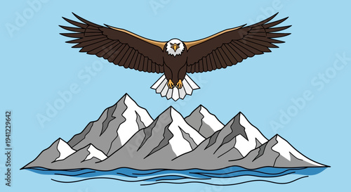 Powerful eagle soaring high above majestic snow-capped mountains and tranquil water under a clear blue sky, vector illustration