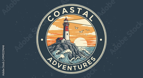 Vintage Coastal Adventures Emblem with Lighthouse on Rocky Shore, Sunset, and Ocean Waves. Nautical Badge Design.