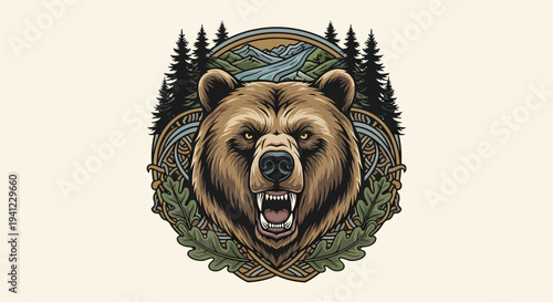 Fierce Brown Bear Roaring Head Illustration with Forest and Mountain Landscape, Vintage Wildlife Nature Design