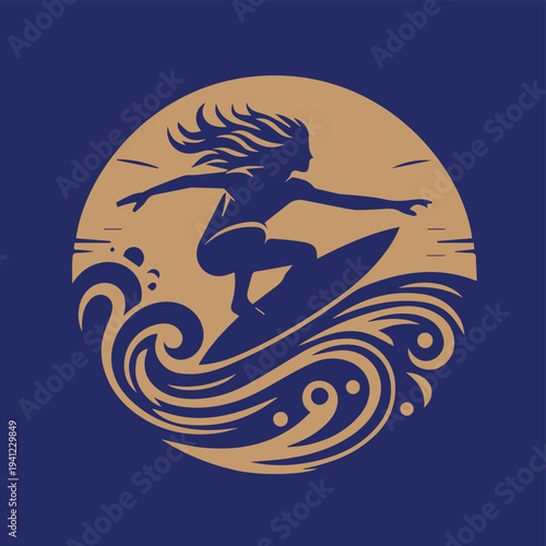 Illustration of Surfing silhouette on the Beach
