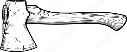 Hand Drawn Vintage Woodcutting Axe with Wooden Handle Vector Illustration