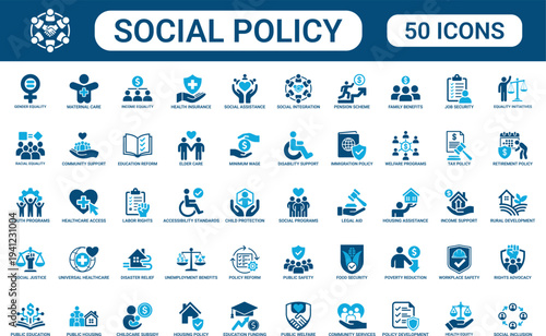 Social Policy Icon Set with Welfare Programs, Poverty Reduction, Labor Rights, Pension Scheme, Minimum Wage, Accessibility Standards and Community Support Symbols for Government