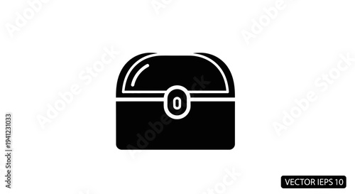 Black Treasure Chest Icon, Vector Graphic, Isolated on White Background