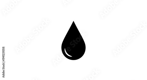 Black Water Drop Icon on White Background, Simple and Clean Design, Fluidity Concept