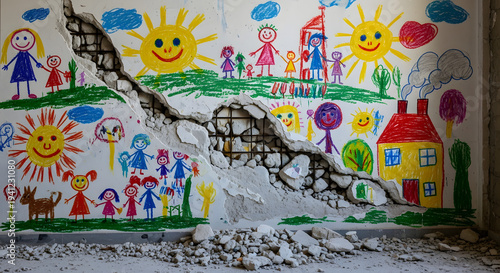 Vibrant children's drawings of happy families and homes on a severely damaged wall, a poignant symbol of innocence disrupted by destruction and the need for healing