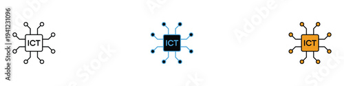 ICT processor chip icon set. Information and Communication Technology symbol. Vector Illustration.