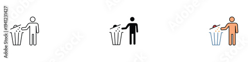 Waste disposal icon set. Person throwing trash into bin symbol. Vector Illustration.