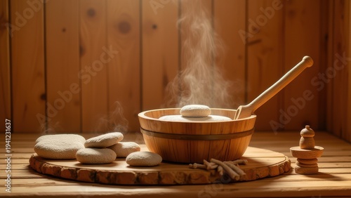 wooden bucket ladle and hot sauna stones in traditional steam sauna wellness spa relaxation concept