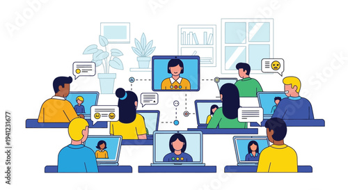 Team members participating in online meeting using laptops and video conferencing technology together