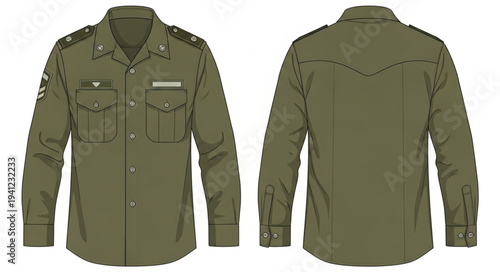 Olive Green Military Style Shirt Front and Back View.