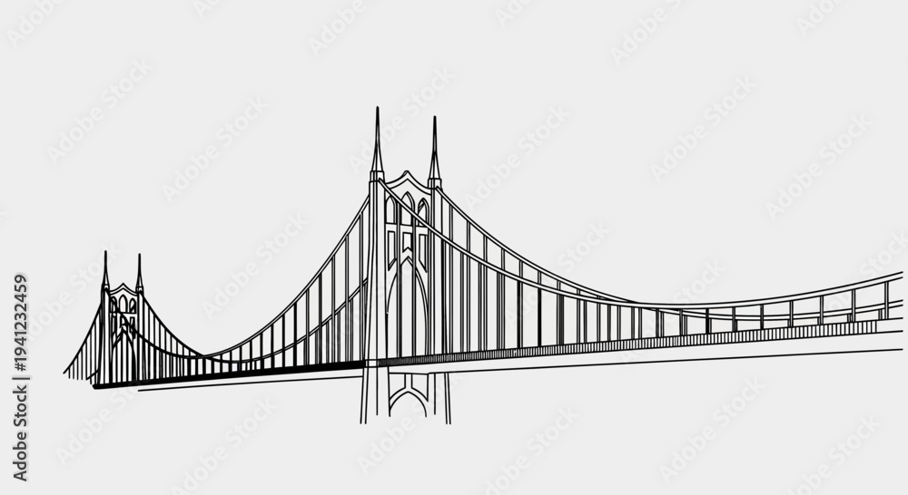 Obraz premium Black and White Sketch of a Suspension Bridge with Tall Towers and Arched Support