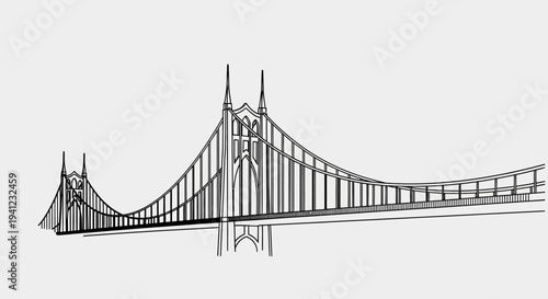 Black and White Sketch of a Suspension Bridge with Tall Towers and Arched Support