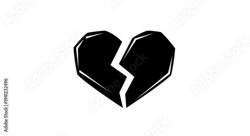 Black Broken Heart Symbol Isolated on White Background, Symbol of Sadness and Heartbreak