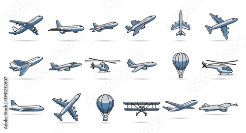 Collection of Various Aircraft and Air Transportation Icons.