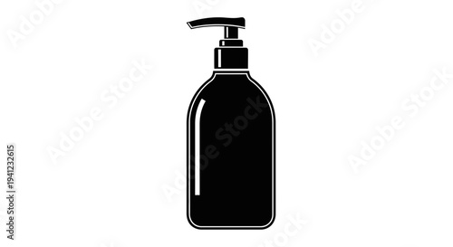 Black liquid soap dispenser bottle icon, isolated on white background, simple flat design.