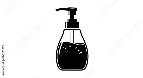 Black liquid soap dispenser with bubbles, isolated on white background