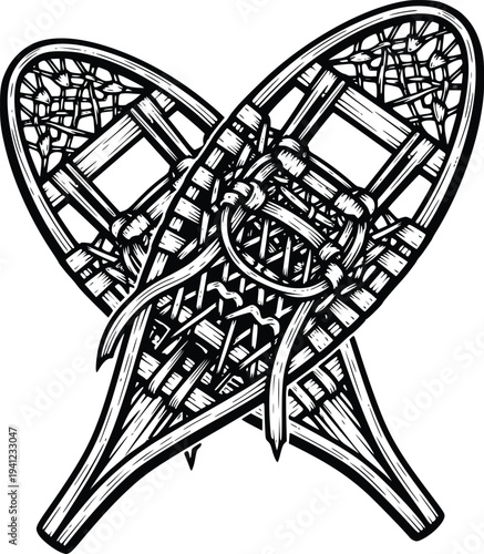 Hand Drawn Vintage Snowshoes Winter Hiking Engraving Style Vector Illustration