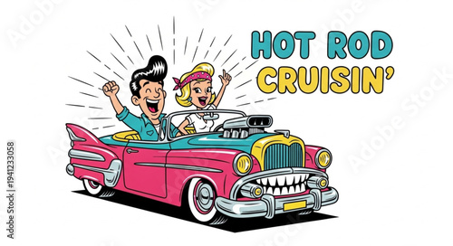 Cartoon Hot Rod Cruisin Illustration with Characters and Classic Car.